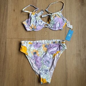 NWT Cupshe Floral Bikini Set with Lavender and Mustard